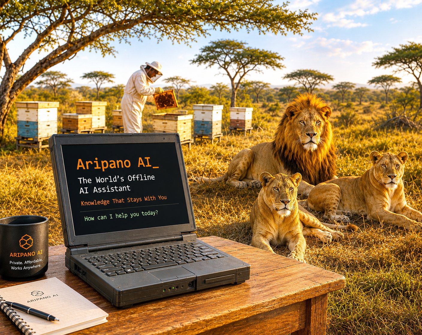 Aripano AI running on a rugged laptop on a wooden table in the sunlit African savanna. The screen reads ‘Aripano AI — The World’s Offline AI Assistant — Knowledge That Stays With You’. A branded mug beside it reads ‘Private. Affordable. Works Anywhere.’ Lions rest nearby and a beekeeper tends hives in the background.
