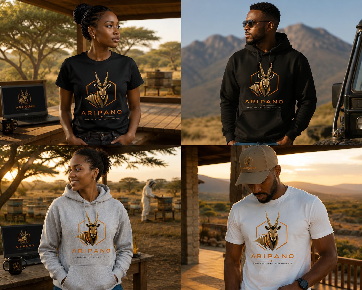 People wearing Aripano-branded apparel — black and white tees, hoodies and a cap with the gold antelope logo — out in the African savanna.