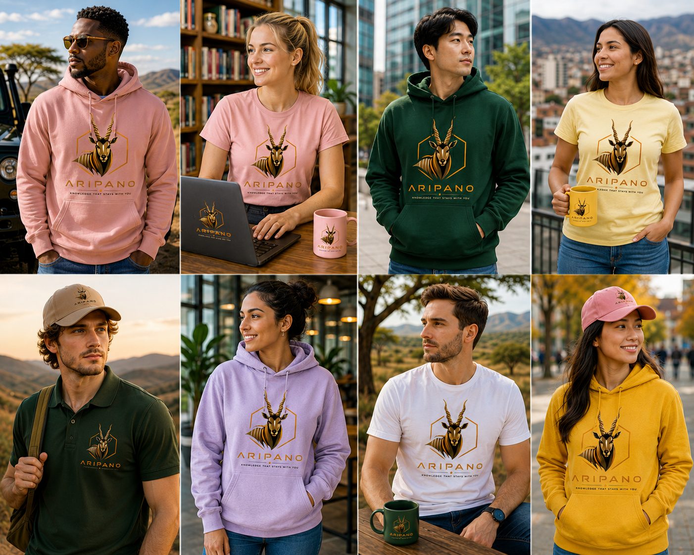 More Aripano-branded apparel — colourful hoodies, tees, caps and a polo (pink, green, yellow, lavender, mustard) with the gold antelope logo, worn by a diverse group across city and outdoor settings.